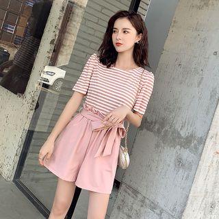 Set: Striped Short-sleeve T-shirt + Frilled Wide-leg Shorts