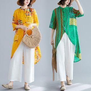 Set: Printed Elbow-sleeve Dipback Blouse + Cropped Wide-leg Pants