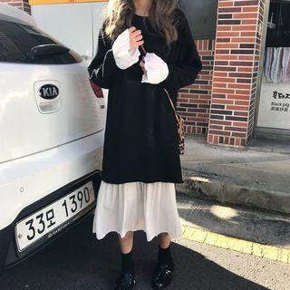 Sleeveless Midi A-line Dress / Long-sleeve Trumpet Cuff Long Top