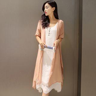 Set: Buttoned Sleeveless Midi Dress + Elbow Sleeve Long Coat