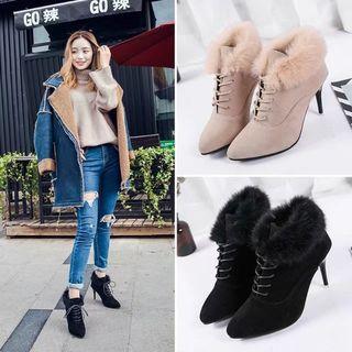 Furry Trim High Heel Lace Up Pumps