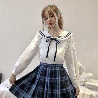 Long-sleeve Sailor Collar Top White - One Size
