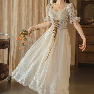 Short-sleeve Floral Panel Midi Corset Dress