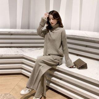 Set : Plain High-neck Sweater + Wide-leg Pants