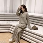 Set : Plain High-neck Sweater + Wide-leg Pants