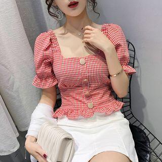 Puff-sleeve Ruffle Trim Plaid Blouse