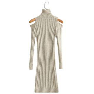 Cold-shoulder Turtleneck Mini Sweater Dress Almond - One Size