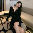 Long-sleeve Button-up Slit Midi Sheath Dress
