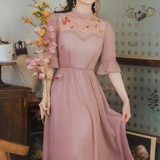 Bell-sleeve Floral Embroidered Mesh Panel Chiffon Maxi Dress