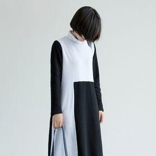 Long-sleeve Mock-neck Two-tone A-line Dress Black - One Size
