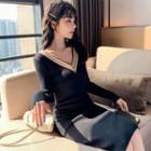 V-neck Sheath Sweater Dress Black - One Size