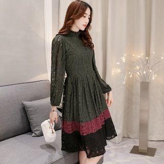Long-sleeve Color-block Lace Dress