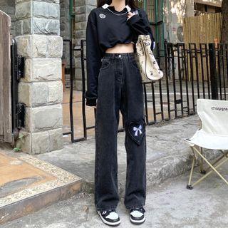 Bow Heart Panel Straight Leg Jeans
