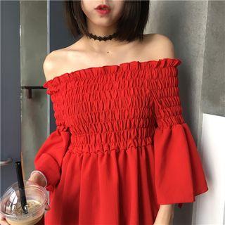 Off-shoulder Smocked Chiffon Blouse