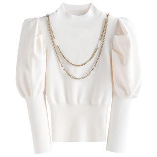 Puff-sleeve Chained Knit Top