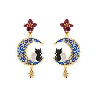 Fashion Creative Plated Gold Enamel Moon Cat Flower Earrings Golden - One Size