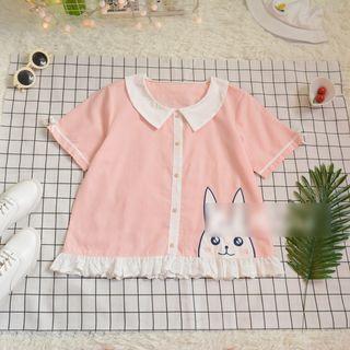 Eyelet Lace Hem Rabbit Applique Short-sleeve Blouse