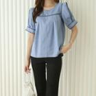 Puff-sleeve Piped Denim Blouse