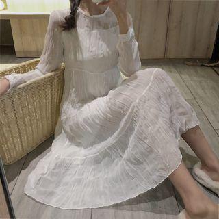 Plain Long-sleeve A-line Dress White - One Size