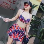 Set: Halter-neck Printed Bikini Top + Swim Skirt + Elbow-sleeve Rashguard