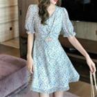 Puff-sleeve Floral Print Twisted A-line Dress