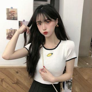 Contrast Trim Embroidered Short Sleeve Knit T-shirt
