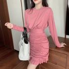 Glitter Ruched Long-sleeve A-line Mini Dress