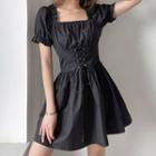 Short-sleeve Square-neck Lace-up Mini A-line Dress