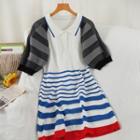 Short-sleeve Striped Mini A-line Knit Dress Blue & Gray Stripes - White - One Size