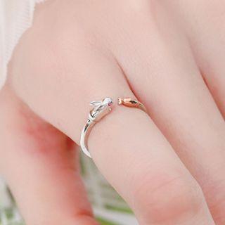 925 Sterling Silver Rabbit & Carrot Open Ring 1 Pc - Silver & Rose Gold - One Size