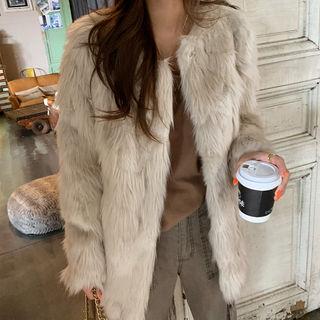 Hook-and-eye Faux Fur Jacket Beige - One Size