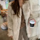 Hook-and-eye Faux Fur Jacket Beige - One Size