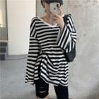 Long-sleeve Striped V-neck T-shirt Stripes - Black & White - One Size