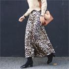 Leopard Velvet Long Flare Skirt Brown - One Size