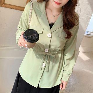 Drawstring-waist Notch Lapel Blouse
