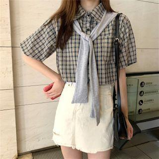 Short-sleeve Plaid Shirt With Shawl