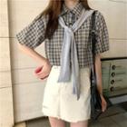 Short-sleeve Plaid Shirt With Shawl