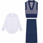 Set: Plain Shirt + V-neck Knit Vest + Back Slit Knit Skirt As Shown In Figure - One Size