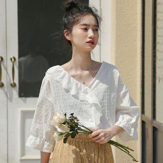 Ruffled Dotted Blouse White - One Size