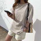 Short-sleeve Stripe T-shirt Beige - One Size