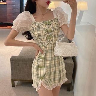 Puff-sleeve Plaid Panel Frill Trim Mini Bodycon Dress