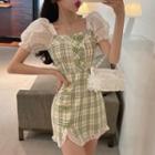 Puff-sleeve Plaid Panel Frill Trim Mini Bodycon Dress
