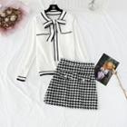 Set: Contrast Trim Knit Cardigan + Houndstooth Mini Pencil Skirt