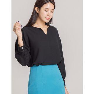 Plus Size Notched-neckline Shirred Blouse