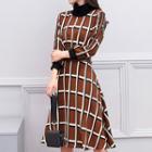 Check Long-sleeve High-neck A-line Dress