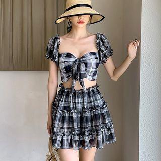 Set: Short-sleeve Plaid Swim Top + Skirt + Bottom