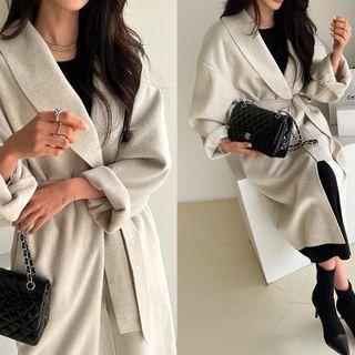 Shawl-collar Long Wrap Coat With Sash Oatmeal - One Size