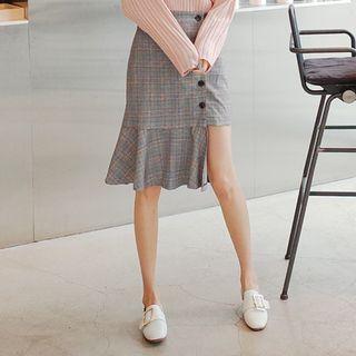 Button-front Asymmetric-hem Skirt