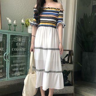 Striped Off-shoulder A-line Chiffon Dress