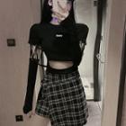 Tie-strap Cropped T-shirt / Plaid Mini A-line Skirt